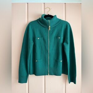 Talbots cotton zip turtleneck Teal Sweater with Gold Accents Sz medium